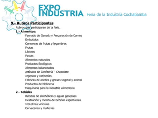 9.- Rubros Participantes Rubros que participaran de la feria. 1.- Alimentos: Faenado de Ganado y Preparación de Carnes Embutidos Conservas de frutas y legumbres Frutas Lácteos Pastas Alimentos naturales Productos Ecológicos Alimentos balanceados Artículos de Confitería – Chocolate Ingenios y Refinerías Fabricas de aceites y grasas vegetal y animal Productos de Molineria Maquinaria para la industria alimenticia 2.- Bebidas Bebidas no alcohólicas y aguas gaseosas Destilación y mezcla de bebidas espirituosas Industrias vinícolas Cervecerías y malterias 