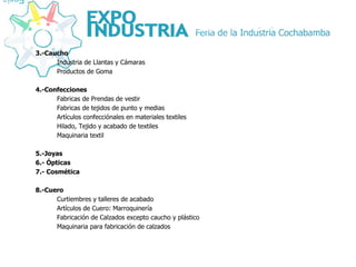 3.-Caucho Industria de Llantas y Cámaras Productos de Goma 4.-Confecciones Fabricas de Prendas de vestir Fabricas de tejidos de punto y medias Artículos confecciónales en materiales textiles Hilado, Tejido y acabado de textiles Maquinaria textil 5.-Joyas 6.- Ópticas 7.- Cosmética 8.-Cuero Curtiembres y talleres de acabado Artículos de Cuero: Marroquinería Fabricación de Calzados excepto caucho y plástico Maquinaria para fabricación de calzados 