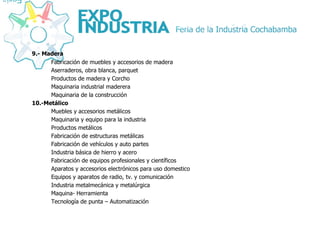 9.- Madera Fabricación de muebles y accesorios de madera Aserraderos, obra blanca, parquet Productos de madera y Corcho Maquinaria industrial maderera Maquinaria de la construcción 10.-Metálico Muebles y accesorios metálicos Maquinaria y equipo para la industria Productos metálicos Fabricación de estructuras metálicas Fabricación de vehículos y auto partes Industria básica de hierro y acero Fabricación de equipos profesionales y científicos Aparatos y accesorios electrónicos para uso domestico Equipos y aparatos de radio, tv. y comunicación Industria metalmecánica y metalúrgica Maquina- Herramienta Tecnología de punta – Automatización 