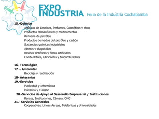 15.-Químico Artículos de Limpieza, Perfumes, Cosméticos y otros Productos farmacéuticos y medicamentos Refinería de petróleo Productos derivados del petróleo y carbón Sustancias químicas industriales Abonos y plaguicidas Resinas sintéticas y fibras artificiales Combustibles, lubricantes y biocombustibles 16- Tecnológico 17 .- Ambiental Reciclaje y reutilización 18- Artesanías 19.-Servicios Publicidad y Informática Hotelería y Turismo 20.-Servicios de Apoyo al Desarrollo Empresarial / Instituciones Bancos, Instituciones, Cámara, ONG 21.- Servicios Generales   Cooperativas, Líneas Aéreas, Telefónicas y Universidades 