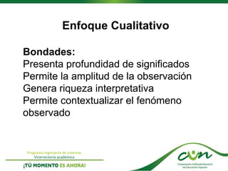 Programa Ingeniería de sistemas
Vicerrectoría académica
Enfoque Cualitativo
Bondades:
Presenta profundidad de significados
Permite la amplitud de la observación
Genera riqueza interpretativa
Permite contextualizar el fenómeno
observado
 