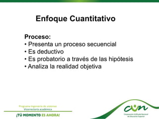Programa Ingeniería de sistemas
Vicerrectoría académica
Enfoque Cuantitativo
Proceso:
• Presenta un proceso secuencial
• Es deductivo
• Es probatorio a través de las hipótesis
• Analiza la realidad objetiva
 