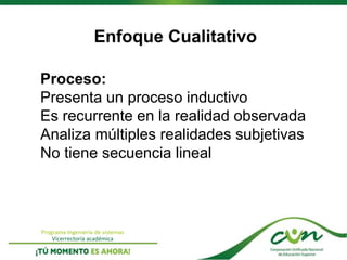 Programa Ingeniería de sistemas
Vicerrectoría académica
Enfoque Cualitativo
Proceso:
Presenta un proceso inductivo
Es recurrente en la realidad observada
Analiza múltiples realidades subjetivas
No tiene secuencia lineal
 
