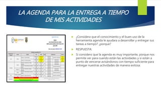 LA AGENDA PARA LA ENTREGA A TIEMPO
DE MIS ACTIVIDADES
 ¿Considera que el conocimiento y el buen uso de la
herramienta agenda le ayudara a desarrollar y entregar sus
tareas a tiempo? ¿porque?
 RESPUESTA:
 Si considero que la agenda es muy importante, porque nos
permite ver para cuando están las actividades y si están a
punto de vencerse avisándonos con tiempo suficiente para
entregar nuestras actividades de manera exitosa.
 