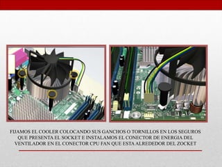 FIJAMOS EL COOLER COLOCANDO SUS GANCHOS O TORNILLOS EN LOS SEGUROS
QUE PRESENTA EL SOCKET E INSTALAMOS EL CONECTOR DE ENERGIA DEL
VENTILADOR EN EL CONECTOR CPU FAN QUE ESTA ALREDEDOR DEL ZOCKET
 