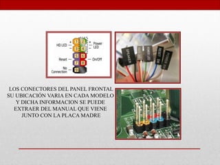 LOS CONECTORES DEL PANEL FRONTAL
SU UBICACIÓN VARIA EN CADA MODELO
Y DICHA INFORMACION SE PUEDE
EXTRAER DEL MANUAL QUE VIENE
JUNTO CON LA PLACA MADRE
 