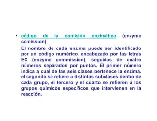 • código de la comisión enzimática (enzyme
       g                                       (    y
  comission)
  El nombre de cada enzima puede ser identificado
  por un código numérico, encabezado por l
            ódi       éi          b    d      las l t
                                                  letras
  EC (enzyme commission), seguidas de cuatro
  números separados por puntos. El primer número
  indica a cual de las seis clases pertenece la enzima,
  el segundo se refiere a distintas subclases dentro de
  cada grupo el tercero y el cuarto se refieren a los
         grupo,
  grupos químicos específicos que intervienen en la
  reacción.
 