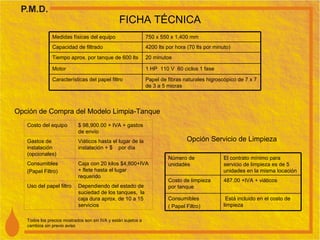 FICHA TÉCNICA Opción Servicio de Limpieza Todos los precios mostrados son sin IVA y están sujetos a cambios sin previo aviso Opción de Compra del Modelo Limpia-Tanque Medidas físicas del equipo 750 x 550 x 1,400 mm Capacidad de filtrado 4200 lts por hora (70 lts por minuto) Tiempo aprox. por tanque de 600 lts 20 minutos Motor 1 HP  110 V  60 ciclos 1 fase Características del papel filtro Papel de fibras naturales higroscópico de 7 x 7 de 3 a 5 micras Número de unidades El contrato mínimo para servicio de limpieza es de 5 unidades en la misma locación Costo de limpieza por tanque 487.00 +IVA + viáticos Consumibles ( Papel Filtro) Está incluido en el costo de limpieza Costo del equipo $ 98,900.00  + IVA + gastos de envío Gastos de instalación  (opcionales) Viáticos hasta el lugar de la instalación  + $  por d ía Consumibles (Papel Filtro) Caja con 20 kilos $4,800 +IVA + flete hasta el lugar requerido Uso del papel filtro Dependiendo del estado de suciedad de los tanques,  la caja dura aprox. de 10 a 15 servicios 