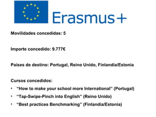 Movilidades concedidas: 5
Importe concedido: 9.777€
Países de destino: Portugal, Reino Unido, Finlandia/Estonia
Cursos concedidos:
• “How to make your school more International” (Portugal)
• “Tap-Swipe-Pinch into English” (Reino Unido)
• “Best practices Benchmarking” (Finlandia/Estonia)
 