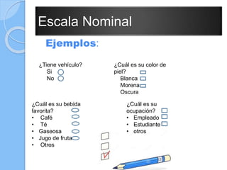 Escala Nominal
Ejemplos:
¿Tiene vehículo?
Si
No
¿Cuál es su color de
piel?
Blanca
Morena
Oscura
¿Cuál es su bebida
favorita?
• Café
• Té
• Gaseosa
• Jugo de fruta
• Otros
¿Cuál es su
ocupación?
• Empleado
• Estudiante
• otros
 