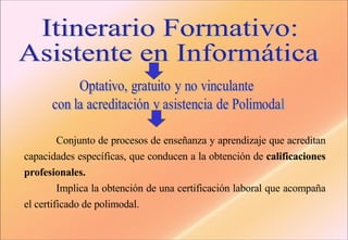 Itinerario Formativo:  Asistente en Informática Conjunto de procesos de enseñanza y aprendizaje que acreditan capacidades específicas, que conducen a la obtención de  calificaciones profesionales. Implica la obtención de una certificación laboral que acompaña el certificado de polimodal.  