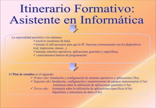 Itinerario Formativo:  Asistente en Informática La especialidad permitirá a los alumnos:  resolver cuestiones de hard, instalar el soft necesario para que la PC funcione correctamente con los dispositivos (red, impresoras, mouse...)  manejar entornos operativos, aplicaciones generales y específicas, conocimientos básicos de programación El  Plan de estudios  es el siguiente:   Primer año : Instalación y configuración de sistemas operativos y aplicaciones (3hs)   Segundo año : Instalación, configuración y mantenimiento de equipos monousuarios (3 hs) Asistencia sobre la utilización de aplicaciones generales (3 hs)   Tercer año :  Asistencia sobre la utilización de aplicaciones específicas (4 hs) Algoritmos y estructuras de datos (3 hs) 