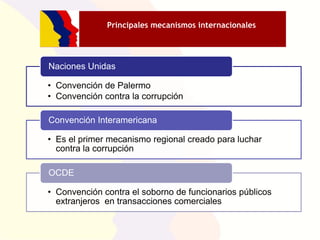 Principales mecanismos internacionales

Naciones Unidas
• Convención de Palermo
• Convención contra la corrupción
Convención Interamericana
• Es el primer mecanismo regional creado para luchar
contra la corrupción
OCDE
• Convención contra el soborno de funcionarios públicos
extranjeros en transacciones comerciales

 