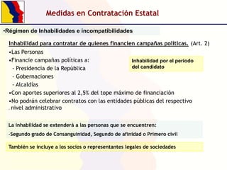 Medidas en Contratación Estatal
•Régimen de Inhabilidades e incompatibilidades
Inhabilidad para contratar de quienes financien campañas políticas. (Art. 2)
•Las Personas
•Financie campañas políticas a:
Inhabilidad por el periodo
del candidato
- Presidencia de la República
- Gobernaciones
- Alcaldías
•Con aportes superiores al 2,5% del tope máximo de financiación
•No podrán celebrar contratos con las entidades públicas del respectivo
. nivel administrativo
La inhabilidad se extenderá a las personas que se encuentren:
-Segundo grado de Consanguinidad, Segundo de afinidad o Primero civil
También se incluye a los socios o representantes legales de sociedades

 