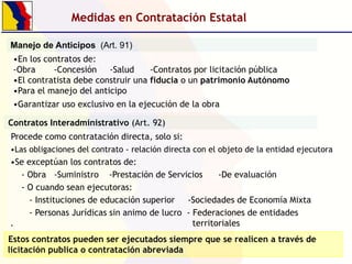 Medidas en Contratación Estatal
Manejo de Anticipos (Art. 91)
•En los contratos de:
-Obra
-Concesión -Salud
-Contratos por licitación pública
•El contratista debe construir una fiducia o un patrimonio Autónomo
•Para el manejo del anticipo
•Garantizar uso exclusivo en la ejecución de la obra
Contratos Interadministrativo (Art. 92)
Procede como contratación directa, solo si:
•Las obligaciones del contrato - relación directa con el objeto de la entidad ejecutora

•Se exceptúan los contratos de:
- Obra -Suministro -Prestación de Servicios
-De evaluación
- O cuando sean ejecutoras:
- Instituciones de educación superior -Sociedades de Economía Mixta
- Personas Jurídicas sin animo de lucro - Federaciones de entidades
.
territoriales
Estos contratos pueden ser ejecutados siempre que se realicen a través de
licitación publica o contratación abreviada

 