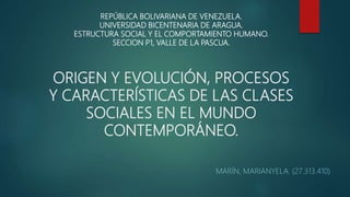 ORIGEN Y EVOLUCIÓN, PROCESOS
Y CARACTERÍSTICAS DE LAS CLASES
SOCIALES EN EL MUNDO
CONTEMPORÁNEO.
MARÍN, MARIANYELA. (27.313.410)
REPÚBLICA BOLIVARIANA DE VENEZUELA.
UNIVERSIDAD BICENTENARIA DE ARAGUA.
ESTRUCTURA SOCIAL Y EL COMPORTAMIENTO HUMANO.
SECCION P1, VALLE DE LA PASCUA.
 