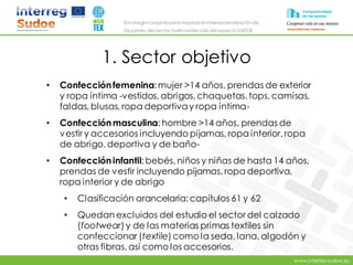 www.intertex-sudoe.eu
Estrategia conjunta para impulsar la internacionalizaciónde
las pymes del sector textil-confeccióndel espacio SUDOE
1. Sector objetivo
• Confección femenina: mujer >14 años, prendas de exterior
y ropa íntima -vestidos, abrigos, chaquetas, tops, camisas,
faldas, blusas, ropa deportivay ropa íntima-
• Confección masculina: hombre >14 años, prendas de
vestir y accesorios incluyendo pijamas, ropa interior, ropa
de abrigo, deportiva y de baño-
• Confección infantil: bebés, niños y niñas de hasta 14 años,
prendas de vestir incluyendo pijamas, ropa deportiva,
ropa interior y de abrigo
• Clasificación arancelaria: capítulos 61 y 62
• Quedan excluidos del estudio el sector del calzado
(footwear) y de las materias primas textiles sin
confeccionar (textile) como la seda, lana, algodón y
otras fibras, así como los accesorios.
 