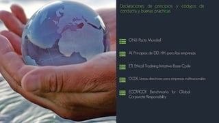 Declaraciones de principios y códigos de
conducta y buenas prácticas
ONU. Pacto Mundial
AI. Principios de DD. HH. para las empresas
OCDE. Líneas directrices para empresas multinacionales
ETI. Ethical Tradining Initiative Base Code
ECCR/ICCR Benchmarks for Global
Corporate Responsibility
 