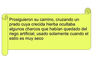 Prosiguieron su camino, cruzando un prado cuya crecida hierba ocultaba  algunos charcos que habían quedado del riego artificial, usado solamente cuando el estío es muy seco  
