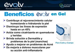 en Gel
 Contribuye al rejuvenecimiento celular
      humectando e hidratando la piel
 Disminuye las líneas de expresión
      hasta en un 45%
 Actúa como cicatrizante en quemaduras
      y heridas
 Brinda solución a Dermatitis y
      problemas de la piel (manchas)       Para Cutis y Cuerpo
 Ayuda a mejorar en problemas de Acné
 Da mejoría a dolores musculares por
      su acción anti-inflamatoria
 