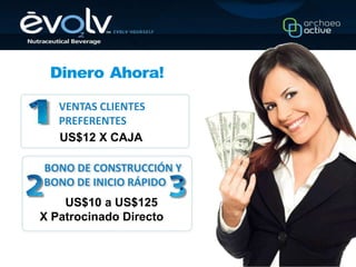 VENTAS CLIENTES
   PREFERENTES
   US$12 X CAJA

BONO DE CONSTRUCCIÓN Y
BONO DE INICIO RÁPIDO
    US$10 a US$125
X Patrocinado Directo
 