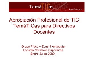 Apropiación Profesional de TIC TemáTICas para Directivos Docentes Grupo Piloto – Zona 1 Antioquia Escuela Normales Superiores Enero 23 de 2009. 