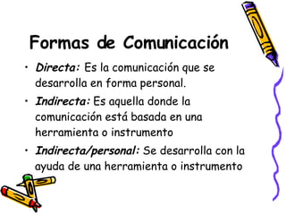 Formas de Comunicación Directa:   Es la comunicación que se desarrolla en forma personal. Indirecta:  Es aquella donde la comunicación está basada en una herramienta o instrumento  Indirecta/personal:  Se desarrolla con la ayuda de una herramienta o instrumento  
