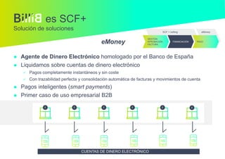 CUENTAS DE DINERO ELECTRÓNICO
 Agente de Dinero Electrónico homologado por el Banco de España
 Liquidamos sobre cuentas de dinero electrónico
 Pagos completamente instantáneos y sin coste
 Con trazabilidad perfecta y consolidación automática de facturas y movimientos de cuenta
 Pagos inteligentes (smart payments)
 Primer caso de uso empresarial B2B
es SCF+
Solución de soluciones
eMoney
 