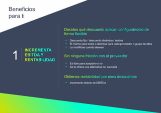 Beneficios
para ti
1
• Descuento fijo / descuento dinámico / ambos
• El mismo para todos o distintos para cada proveedor o grupo de ellos
• Lo modificas cuando deseas
• Es libre para aceptarlo o no
• Se le ofrece una alternativa no bancaria
• Incremento directo de EBITDA
 