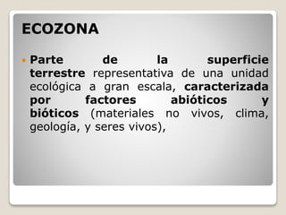 ECOZONA
 Parte de la superficie
terrestre representativa de una unidad
ecológica a gran escala, caracterizada
por factores abióticos y
bióticos (materiales no vivos, clima,
geología, y seres vivos),
 