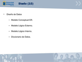 Diseño (2/3)


•   Diseño de Datos

      – Modelo Conceptual ER.

      – Modelo Lógico Externo.

      – Modelo Lógico Interno.

      – Diccionario de Datos.
 
