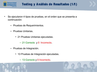 Testing y A nálisis de Resultados (1/1)


•   Se ejecutaron 4 tipos de pruebas, en el orden que se presenta a
    continuación:

      – Pruebas de Requerimientos.

      – Pruebas Unitarias.

          • 21 Pruebas Unitarias ejecutadas.

              – 21 Correcto y 0 Incorrecto.

      – Pruebas de Integración.

          • 13 Pruebas de Integración ejecutadas.

              – 13 Correcto y 0 Incorrecto.
 