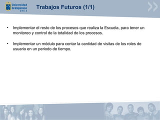 Trabajos Futuros (1/1)


•   Implementar el resto de los procesos que realiza la Escuela, para tener un
    monitoreo y control de la totalidad de los procesos.

•   Implementar un módulo para contar la cantidad de visitas de los roles de
    usuario en un periodo de tiempo.
 