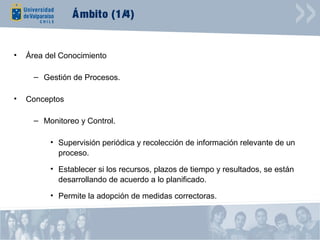 Á mbito (1/4)


•   Área del Conocimiento

      – Gestión de Procesos.

•   Conceptos

      – Monitoreo y Control.

          • Supervisión periódica y recolección de información relevante de un
            proceso.

          • Establecer si los recursos, plazos de tiempo y resultados, se están
            desarrollando de acuerdo a lo planificado.

          • Permite la adopción de medidas correctoras.
 