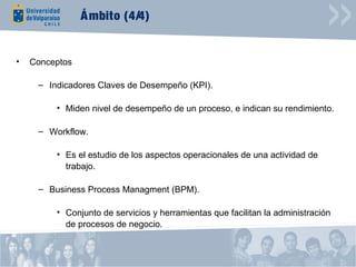 Á mbito (4/4)


•   Conceptos

     – Indicadores Claves de Desempeño (KPI).

         • Miden nivel de desempeño de un proceso, e indican su rendimiento.

     – Workflow.

         • Es el estudio de los aspectos operacionales de una actividad de
           trabajo.

     – Business Process Managment (BPM).

         • Conjunto de servicios y herramientas que facilitan la administración
           de procesos de negocio.
 