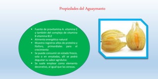  Fuente de provitamina A. vitamina C
y también del complejo de vitamina
B vitamina B12
 Alimento energético natural
 Muestra registros altos de proteína y
fósforo, primordiales para el
crecimiento
 Se puede consumir en estado fresco,
sola o en ensaladas, allí se podrá
degustar su sabor agridulce.
 Se suele emplear como elemento
decorativo, al igual que las cerezas.
Propiedades del Aguaymanto
 