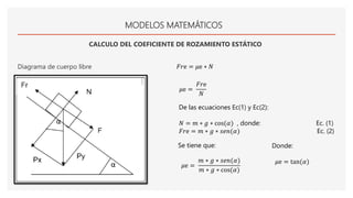 MODELOS MATEMÁTICOS
CALCULO DEL COEFICIENTE DE ROZAMIENTO ESTÁTICO
Diagrama de cuerpo libre 𝐹𝑟e = 𝜇e ∗ 𝑁
𝜇e =
𝐹𝑟e
𝑁
De las ecuaciones Ec(1) y Ec(2):
𝑁 = 𝑚 ∗ 𝑔 ∗ cos(𝛼) , donde: Ec. (1)
𝐹𝑟e = 𝑚 ∗ 𝑔 ∗ 𝑠𝑒𝑛(𝛼) Ec. (2)
Se tiene que:
𝜇e =
𝑚 ∗ 𝑔 ∗ 𝑠𝑒𝑛(𝛼)
𝑚 ∗ 𝑔 ∗ cos(𝛼)
Donde:
𝜇e = tan(𝛼)
 