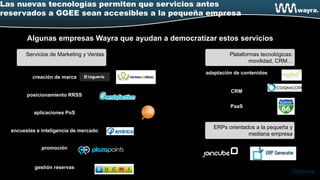 Las nuevas tecnologías permiten que servicios antes
reservados a GGEE sean accesibles a la pequeña empresa


        Algunas empresas Wayra que ayudan a democratizar estos servicios

        Servicios de Marketing y Ventas                        Plataformas tecnológicas:
                                                                       movilidad, CRM…

                                                      adaptación de contenidos
          creación de marca

                                                               CRM
        posicionamiento RRSS

                                                               PaaS
           aplicaciones PoS

                                                         ERPs orientados a la pequeña y
  encuestas e inteligencia de mercado
                                                                      mediana empresa

              promoción


           gestión reservas
 
