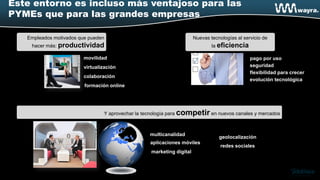 Este entorno es incluso más ventajoso para las
PYMEs que para las grandes empresas

   Empleados motivados que pueden                                      Nuevas tecnologías al servicio de
    hacer más: productividad                                                   la eficiencia

                         movilidad                                                              pago por uso
                         virtualización                                                         seguridad
                                                                                                flexibilidad para crecer
                         colaboración
                                                                                                evolución tecnológica
                         formación online




                                 Y aprovechar la tecnología para competir en nuevos canales y mercados



                                                   multicanalidad
                                                                                  geolocalización
                                                   aplicaciones móviles
                                                                                   redes sociales
                                                   marketing digital
 