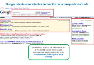 Google orienta a los clientes en función de la búsqueda realizada Su Anuncio alcanza los internautas en el momento exacto en el que se interesan por su producto o servicio: Han realizado la búsqueda ellos mismos 
