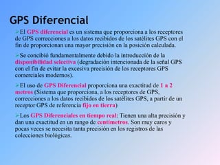 GPS Diferencial
El GPS diferencial es un sistema que proporciona a los receptores
de GPS correcciones a los datos recibidos de los satélites GPS con el
fin de proporcionan una mayor precisión en la posición calculada.
Se concibió fundamentalmente debido la introducción de la
disponibilidad selectiva (degradación intencionada de la señal GPS
con el fin de evitar la excesiva precisión de los receptores GPS
comerciales modernos).
El uso de GPS Diferencial proporciona una exactitud de 1 a 2
metros (Sistema que proporciona, a los receptores de GPS,
correcciones a los datos recibidos de los satélites GPS, a partir de un
receptor GPS de referencia fijo en tierra)
Los GPS Diferenciales en tiempo real: Tienen una alta precisión y
dan una exactitud en un rango de centímetros. Son muy caros y
pocas veces se necesita tanta precisión en los registros de las
colecciones biológicas.
 