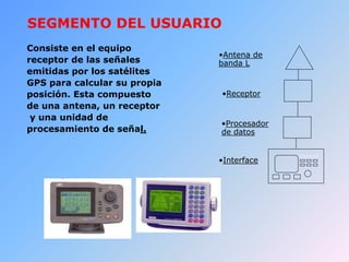 Consiste en el equipo
receptor de las señales
emitidas por los satélites
GPS para calcular su propia
posición. Esta compuesto
de una antena, un receptor
y una unidad de
procesamiento de señal.
SEGMENTO DEL USUARIO
•Procesador
de datos
•Antena de
banda L
•Receptor
•Interface
 