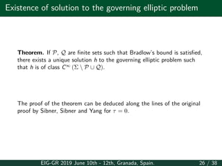 Existence of solution to the governing elliptic problem
Theorem. If P, Q are finite sets such that Bradlow’s bound is satisfied,
there exists a unique solution h to the governing elliptic problem such
that h is of class C∞
(Σ  P ∪ Q).
The proof of the theorem can be deduced along the lines of the original
proof by Sibner, Sibner and Yang for τ = 0.
EIG-GR 2019 June 10th - 12th, Granada, Spain. 26 / 38
 