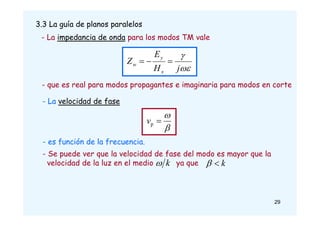 3.3 La guía de planos paralelos
- La impedancia de onda para los modos TM vale


j
H
E
Z
x
y
w 


- que es real para modos propagantes e imaginaria para modos en corte
- La velocidad de fase
p



v
- es función de la frecuencia.
- Se puede ver que la velocidad de fase del modo es mayor que la
velocidad de la luz en el medio ya que
k
 k


29
 