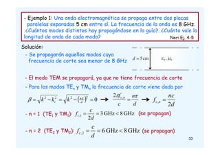 - Ejemplo 1: Una onda electromagnética se propaga entre dos placas
paralelas separadas 5 cm entre sí. La frecuencia de la onda es 8 GHz.
¿Cuántos modos distintos hay propagándose en la guía?. ¿Cuánto vale la
longitud de onda de cada modo? Neri Ej. 4-5
Solución:
- El modo TEM se propagará, ya que no tiene frecuencia de corte
- Se propagarán aquellos modos cuya
frecuencia de corte sea menor de 8 GHz
- Para los modos TEn y TMn la frecuencia de corte viene dada por
  0
2
2
2
2




 d
n
c k
k
k 

d
nπ
c
f n
c
2 ,


cm
5

d 0
0 , 

d
nc
f n
c
2
, 
- n = 1 (TE1 y TM1): GHz
8
GHz
3
2
1
, 


d
c
fc
- n = 2 (TE2 y TM2): GHz
8
GHz
6
2
, 


d
c
fc
(se propagan)
(se propagan)
33
 