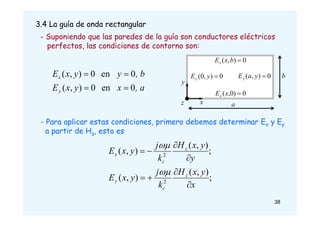 3.4 La guía de onda rectangular
- Suponiendo que las paredes de la guía son conductores eléctricos
perfectos, las condiciones de contorno son:
, a
x
y
x
E
, b
y
y
x
E
y
x
0
en
0
)
,
(
0
en
0
)
,
(




x
y
z
0
)
0
,
( 
x
Ex
0
)
,
( 
b
x
Ex
0
)
,
( 
y
a
Ey
0
)
,
0
( 
y
Ey
a
b
- Para aplicar estas condiciones, primero debemos determinar Ex y Ey
a partir de Hz, esto es
;
)
,
(
)
,
(
;
)
,
(
)
,
(
2
2
x
y
x
H
k
j
y
x
E
y
y
x
H
k
j
y
x
E
z
c
y
z
c
x










38
 