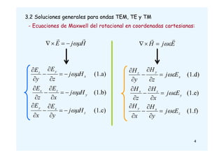 3.2 Soluciones generales para ondas TEM, TE y TM
(1.c)
(1.b)
(1.a)
z
x
y
y
z
x
x
y
z
H
j
y
E
x
E
H
j
x
E
z
E
H
j
z
E
y
E
























H
j
E







- Ecuaciones de Maxwell del rotacional en coordenadas cartesianas:
E
j
H






(1.f)
(1.e)
(1.d)
z
x
y
y
z
x
x
y
z
E
j
y
H
x
H
E
j
x
H
z
H
E
j
z
H
y
H





















4
 