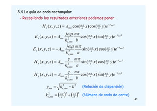3.4 La guía de onda rectangular
- Recopilando los resultados anteriores podemos poner
z
b
n
a
m
mn
z
mn
e
y
x
A
z
y
x
H 

 
 )
cos(
)
cos(
)
,
,
(
z
b
n
a
m
mn
c
mn
x
mn
e
y
x
b
n
k
j
A
z
y
x
E 



 
 )
sin(
)
cos(
)
,
,
( 2
,
z
b
n
a
m
mn
c
mn
y
mn
e
y
x
a
m
k
j
A
z
y
x
E 



 

 )
cos(
)
sin(
)
,
,
( 2
,
z
b
n
a
m
mn
c
mn
x
mn
e
y
x
a
m
k
A
z
y
x
H 



 
 )
cos(
)
sin(
)
,
,
( 2
,
z
b
n
a
m
mn
c
mn
y
mn
e
y
x
b
n
k
A
z
y
x
H 



 
 )
sin(
)
cos(
)
,
,
( 2
,
2
2
, k
k mn
c
mn 


   2
2
2
, b
n
a
m
mn
c
k 



(Relación de dispersión)
(Número de onda de corte)
41
 