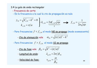 3.4 La guía de onda rectangular
a
kc 

10
,





k
c
c f
k 
 10
,
10
, 2


a
fc
2
1
10
, 
- Frecuencia de corte
- Para frecuencias el modo N0 se propaga (modo evanescente)
10
,
c
f
f 
- Para frecuencias el modo SI se propaga
10
,
c
f
f 
- Longitud de onda: 2 10
10
, 

 
g
2
2
10 )
( a
k 
 

- Cte de fase vale
- Velocidad de fase:
10
p,10



v
2
2
10 )
( k
a 
 

- Cte de atenuación vale
0
2
2
10
,
10 

 k
kc

- Es la frecuencia a la cual la cte de propagación es nula
44
 
