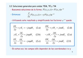 3.2 Soluciones generales para ondas TEM, TE y TM
(2.c)
(2.b)
(2.a)
z
x
y
y
z
x
x
y
z
H
j
y
E
x
E
H
j
x
E
E
H
j
E
y
E





















- Buscamos soluciones de la forma )
,
(
)
,
,
( z
e
y
x
F
z
y
x
F 


- Entonces )
,
(
)
,
,
( z
e
y
x
F
z
y
x
F
z

 




- Utilizando este resultado y simplificando los factores queda:
z
e 

- En estas ecs. los campos sólo dependen de las coordenadas x e y
(2.f)
(2.e)
(2.d)
z
x
y
y
z
x
x
y
z
E
j
y
H
x
H
E
j
x
H
H
E
j
H
y
H




















5
 